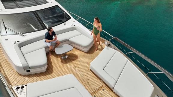 Enjoy luxury yacht charter in Split aboard Myne yacht with serene sea views from the foredeck lounge.