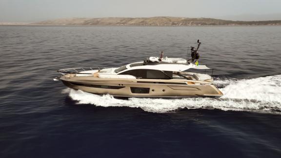 Myne motor yacht sails gracefully off Split with an eye-catching sleek design.