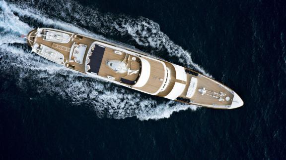 Northwind 2 is captured from above off Athens, highlighting its spacious deck layout for luxury yacht charter.