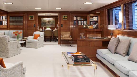 Northwind 2 features a spacious main saloon with elegant wood finishes and comfortable lounge seating in Athens.