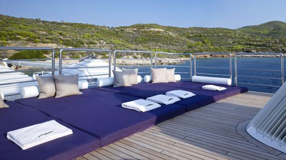 Northwind 2 features spacious sun pads, offering a relaxing place to unwind while cruising near Athens.