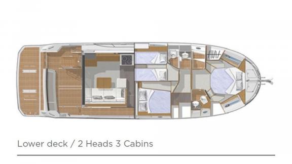 Ocean Dreamer motoryatının alt güverte planı, 3 kabin ve 2 banyodan oluşuyor.