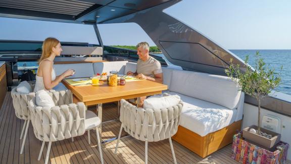Sanlorenzo SL96A Primus offers a scenic breakfast on the spacious upper deck.