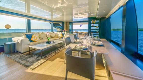 Discover luxury in the spacious main salon of Sanlorenzo SL96A Primus with panoramic sea views.
