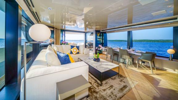 Enjoy comfort and elegance in the stylish salon of Sanlorenzo SL96A Primus near Split.