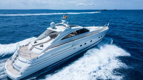 Princess Juliet is seen cruising through open waters off Ibiza with its high performance hull.