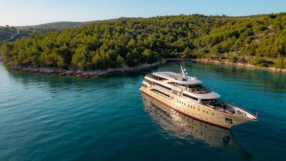 The motor yacht Queen Eleganza explores the picturesque coast of Croatia in Split