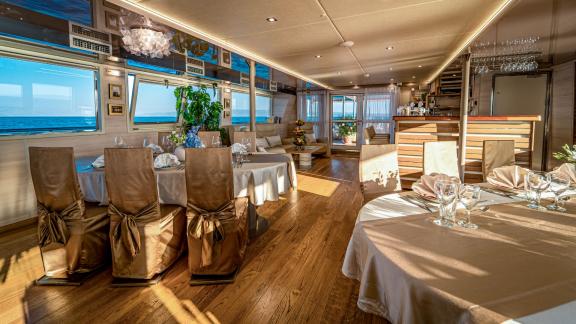 The stylish dining room of the Motor Yacht Riva offers a luxurious dining experience in Croatia.