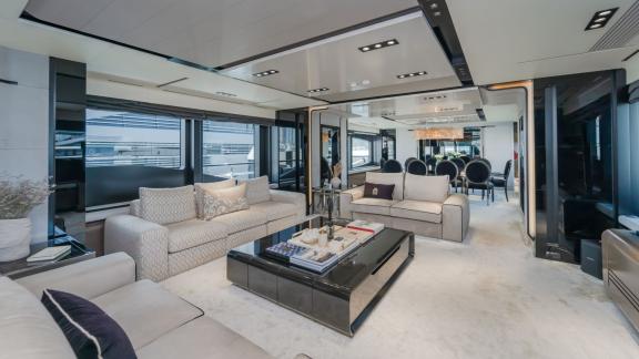 The living area of the Saffuriya yacht features modern design and spacious seating arrangements.