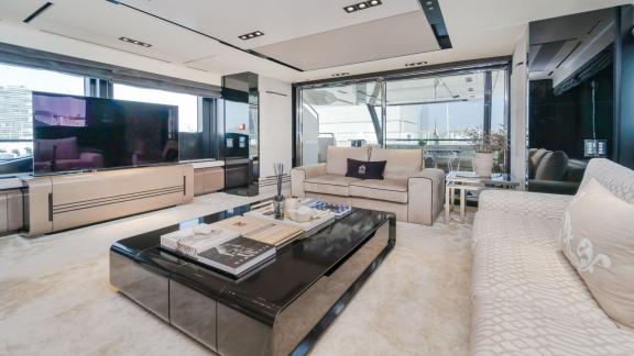 The salon of the Saffuriya yacht features stylish decor and spacious seating for comfort.