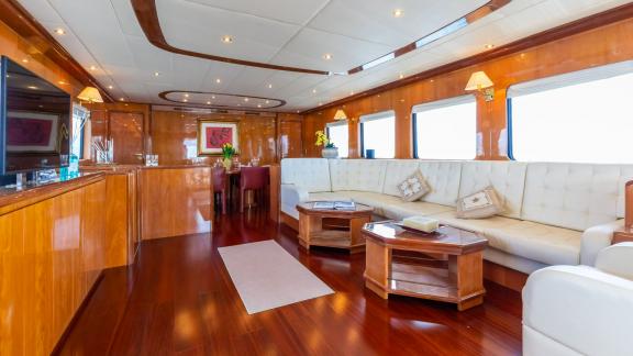 Relax in the elegant lounge of Shangra with a luxury yacht rental in Olbia.