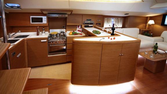 The kitchen of the luxury yacht Shooting Star in Greece impresses with its stylish design and modern amenities.