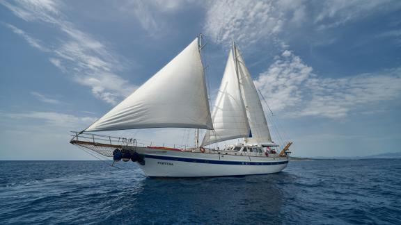 Großes Segelboot mit weißen Segeln auf offenem Meer unter blauem Himmel.