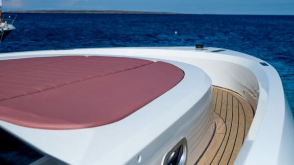 The spacious sunbathing area on the foredeck of the Tequila motor yacht offers a comfortable retreat.