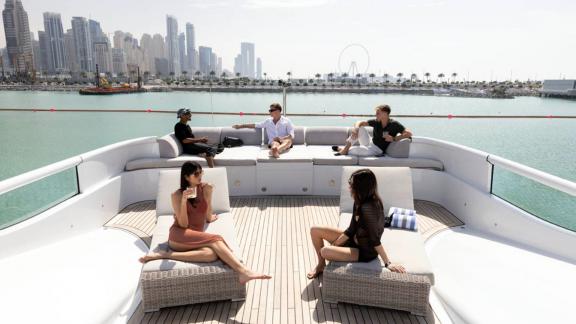 The deck of the yacht Thunder provides the perfect setting for socializing and relaxation with friends.