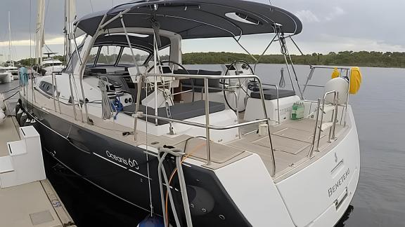 The aft deck of the Tourbillon sailing yacht features comfortable seating areas and a spacious layout.