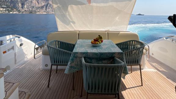 Among Nice yacht charter options Turquoise motor yacht shows aft deck with table seating and sea view.