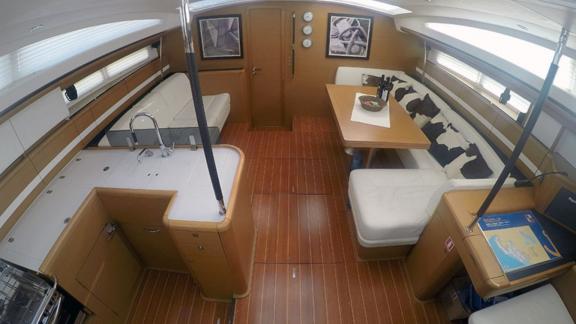 The modern saloon area on Whyknot yacht is equipped with comfortable seating and stylish design.