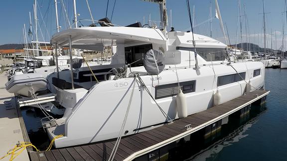 A Lagoon 50 catamaran docked in the marina, ready for the next sailing adventure.