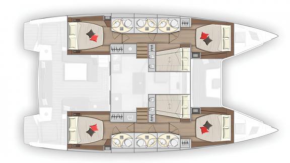 Lagoon 50'nin detaylı kat planı, her biri kendi banyosuna sahip 6 konforlu kabin ve geniş yerleşim planını gösterir.