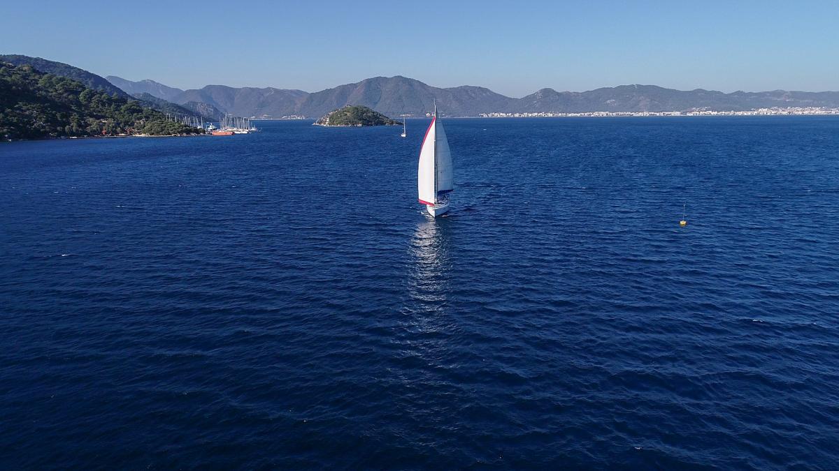 Rented sailing yacht İnstant Zero. You can see a beautiful sea panorama