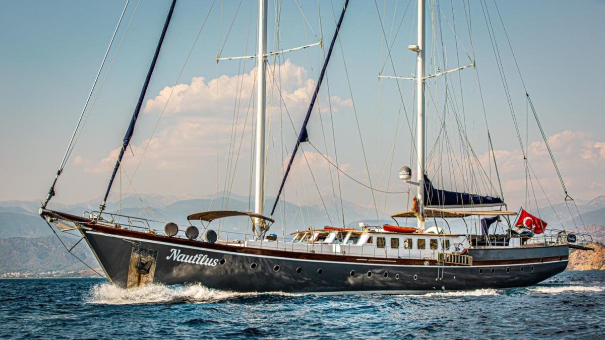 Luxurious Nautilus gulet in the sea. Сloudy weather