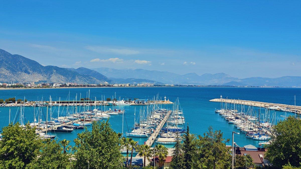 Several yachts moored in the Turkish harbour