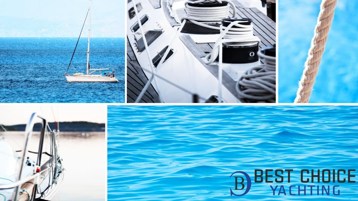 Die Collage enthält Bilder eines weißen Bootes und eines blauen, klaren Meeres.