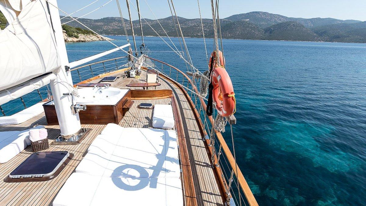 Weitläufiges Sonnendeck einer Gulet-Yacht mit Panoramablick auf das kristallklare Meer und umliegende Hügel