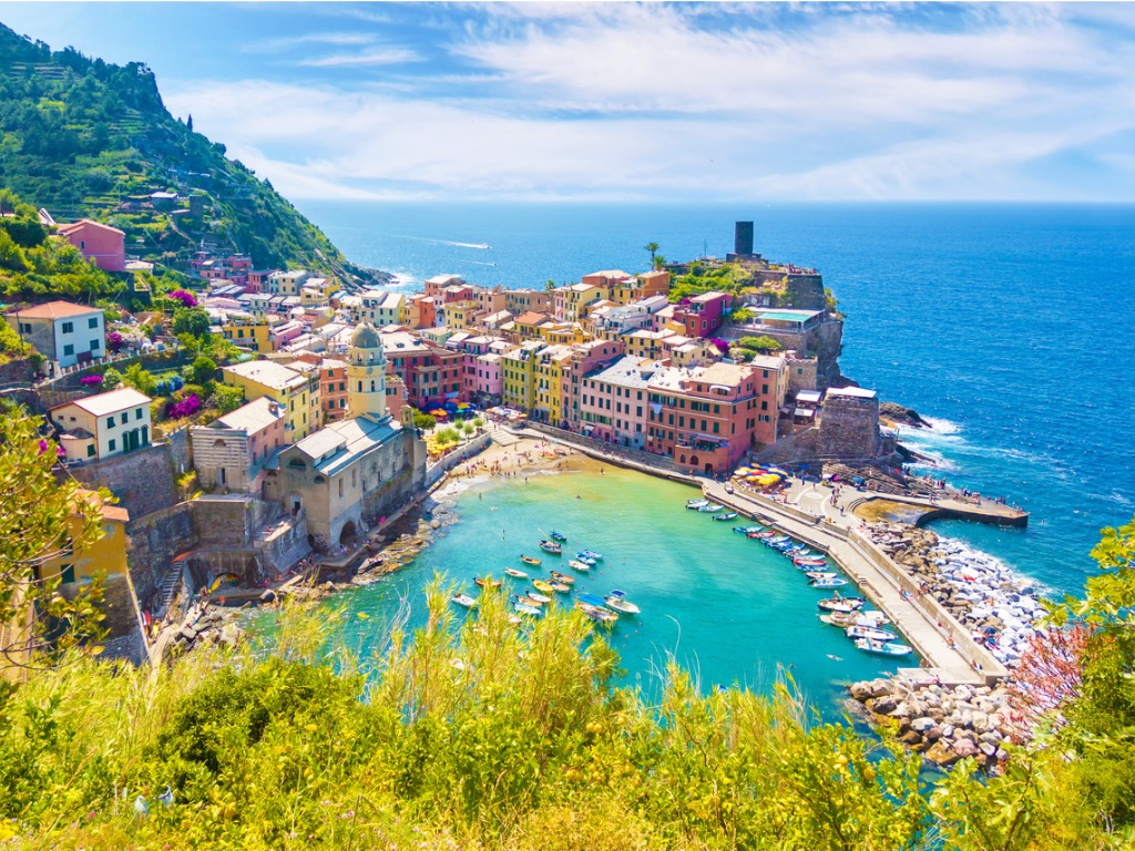 View of Vernazza from above one of the five famous colourful villages of the Cinque Terre National Park in Italy.