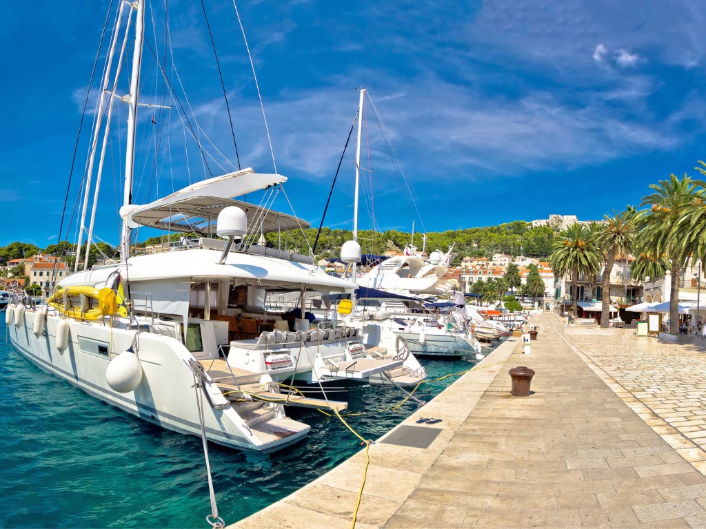 Catamarans anchored in the marina with palm trees on the water and shops in the background