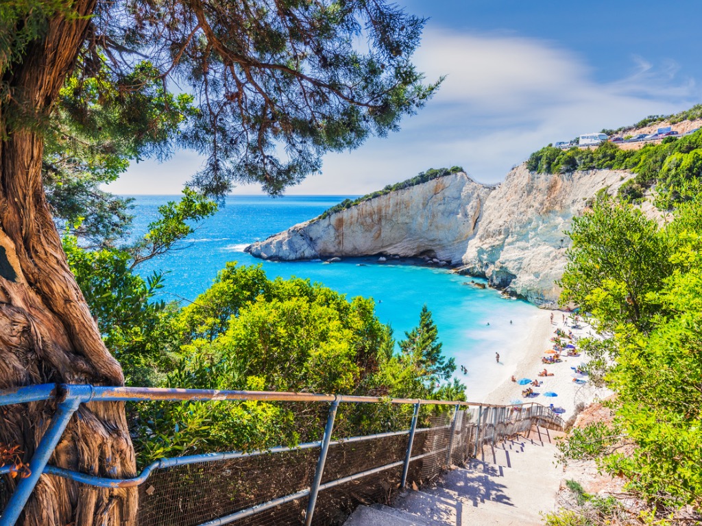 The beach of Port Katsiki in summer with turquoise shining ocean on the island of Lefkada, Ionian Sea, Greece