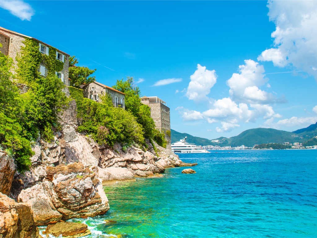 Summer landscape of the Adriatic coast in the Budva Riviera with a view of Sveti Stefan