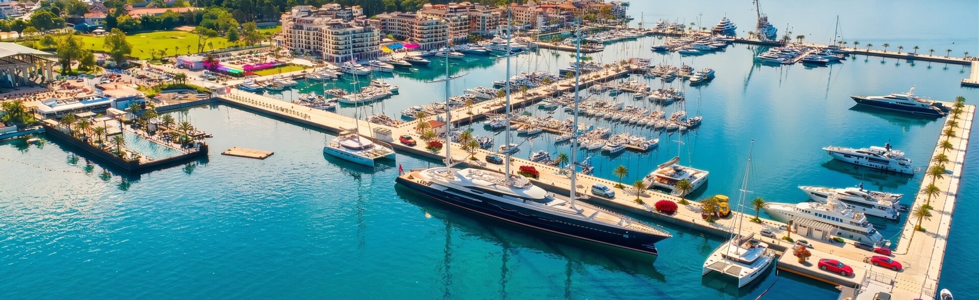 Luxuriöse Katamarane liegen an den Stegen der Portonovi Marina für den Charter bereit