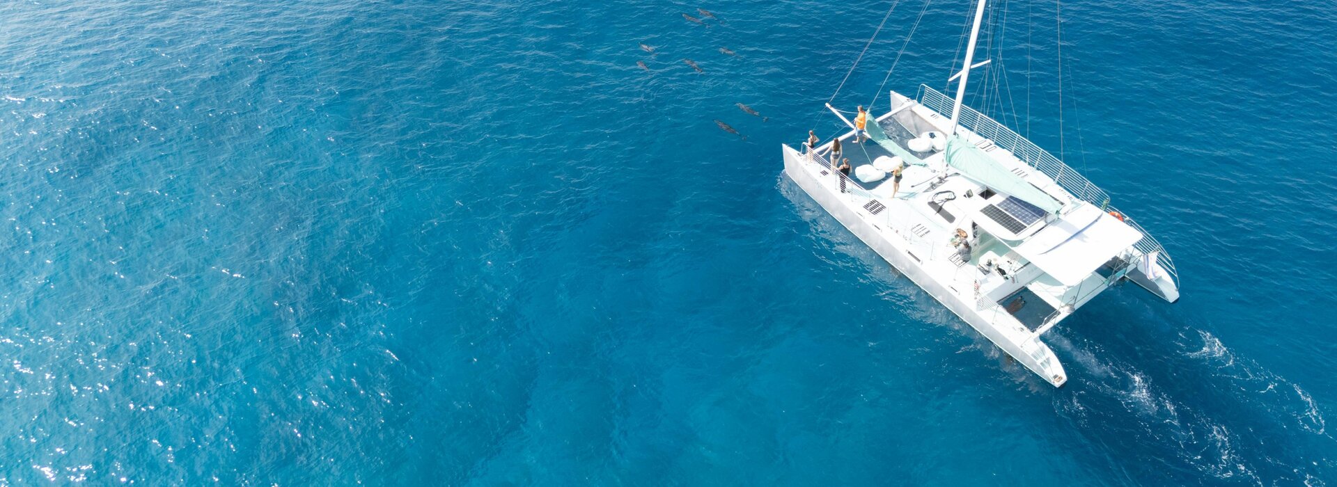 Ein Katamaran mit Gästen cruist auf dem tiefblauen Mittelmeer perfekt, um einen Katamaran mieten in Cannes