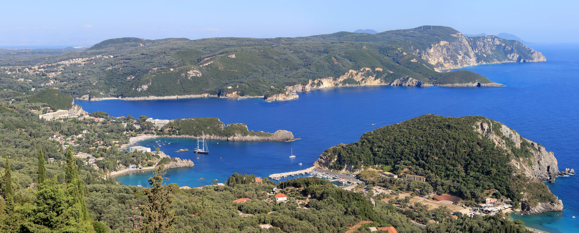 Panoramic view of Paleokastritsa, the perfect destination for a Gulet Charter Corfu to explore the coast
