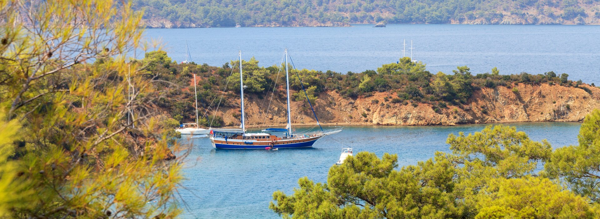 Двухмачтовая гулета в бухте на фоне лесистых холмов, лучший момент чартера гулет в Хорватии