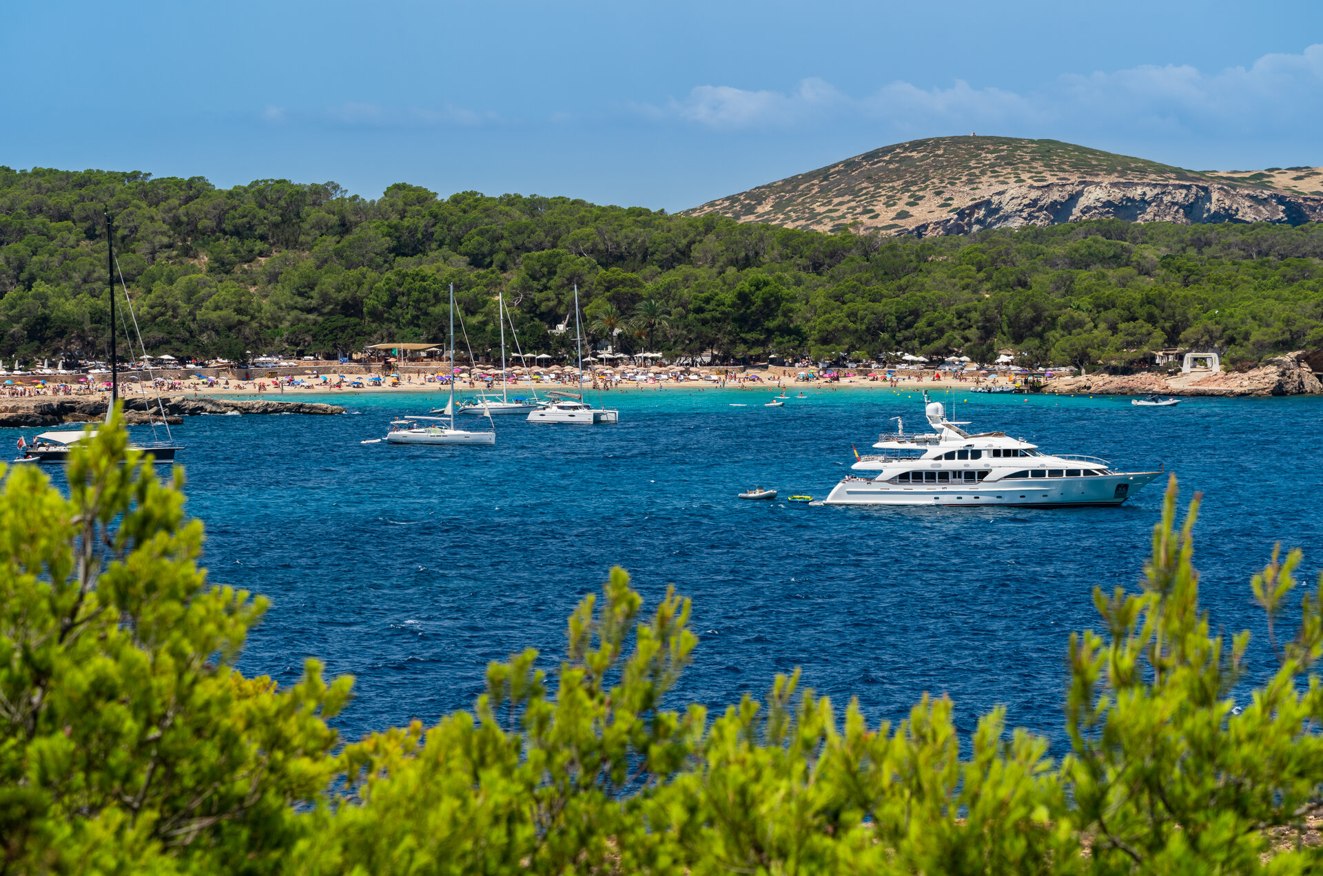 Eine weiße Luxusyacht ankert in einer belebten Bucht mit Pinien und Sandstrand; ideal für Motoryacht Charter Ibiza