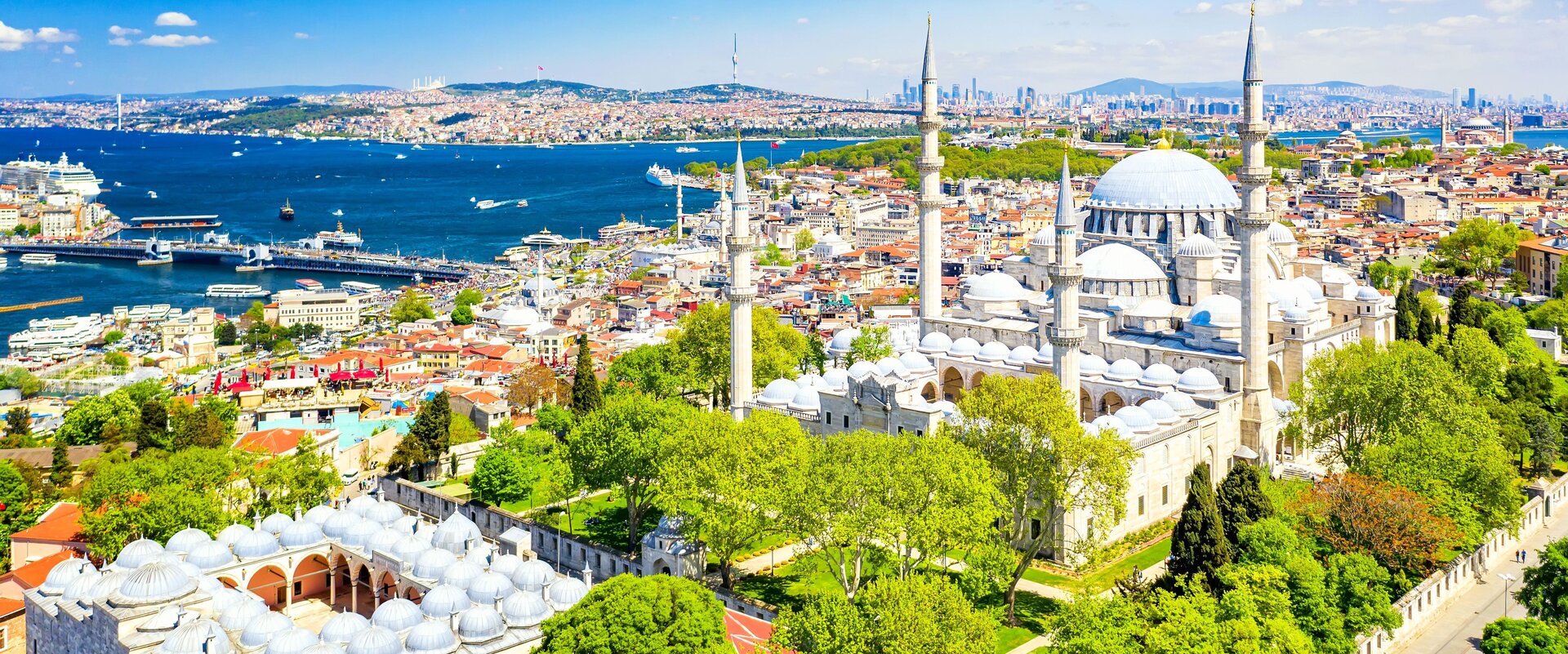 Aerial view of the Suleymaniye Mosque, Galata Bridge, and Bosphorus, with ships during a boat tour in Istanbul