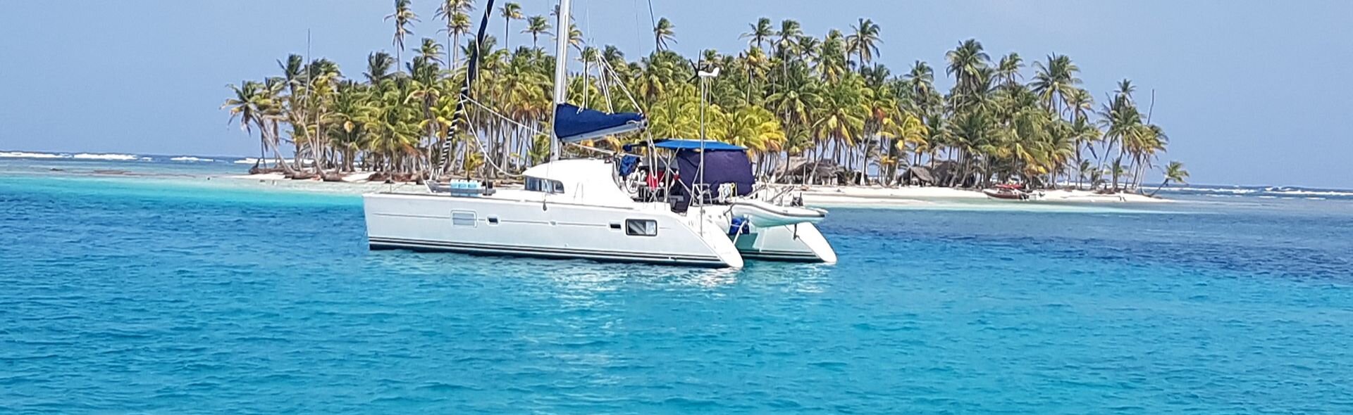 Beyaz bir katamaran, palmiye ağaçlı tropik bir adanın önünde turkuaz suda demirlemiş